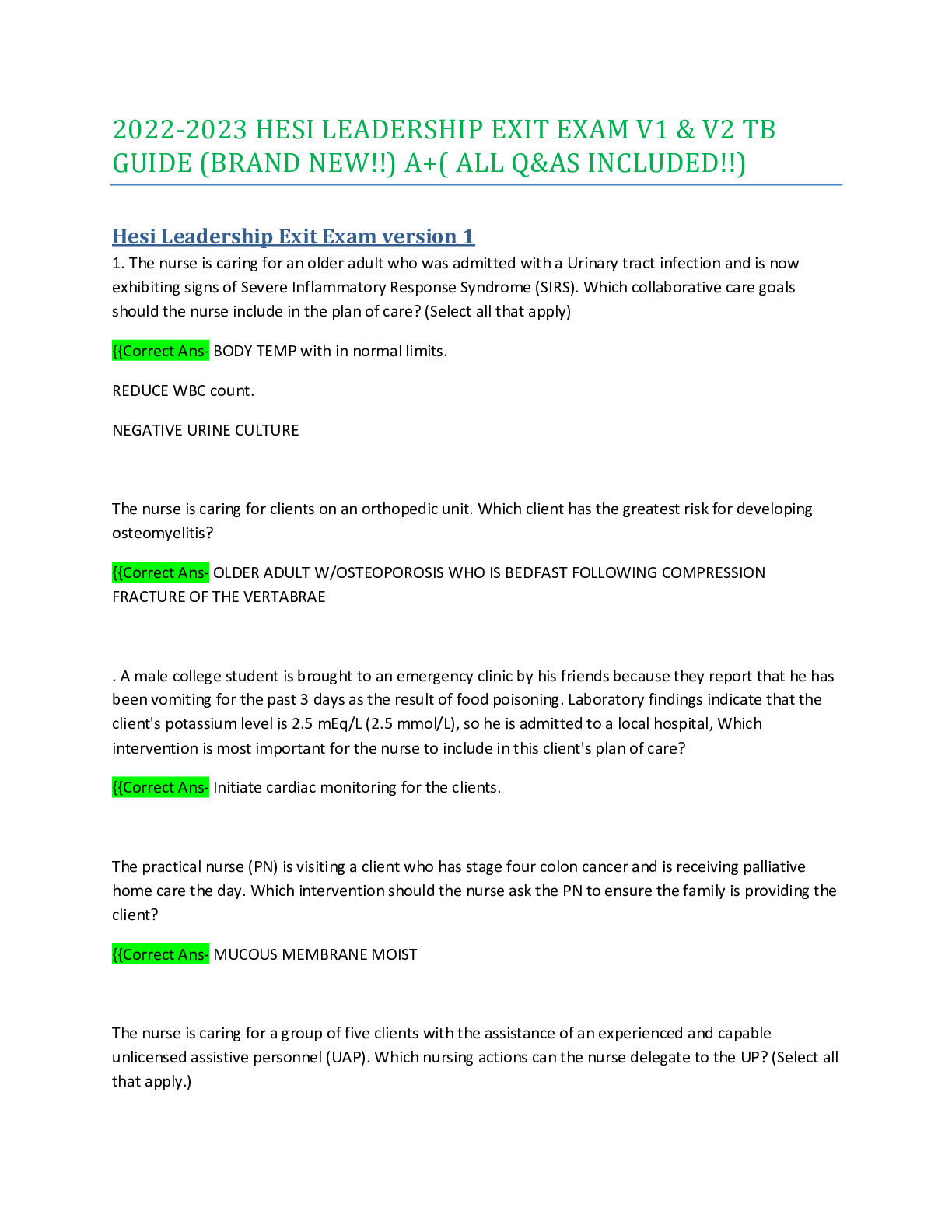Preview image for 2022-2023 HESI LEADERSHIP EXIT EXAM V1 & V2 TB GUIDE (BRAND NEW!!) A+( ALL Q&AS INCLUDED!!)